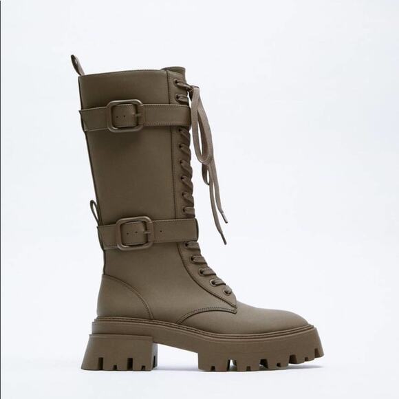ZARA BLOGGER FAVORITE WAXED FINISH LACED BOOTS 10 army green combat viral TikTok - Picture 12 of 14
